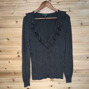 Lauren Ralph Lauren Silk Cashmere Ruffle Cardigan Sweater Grey Womens Large 5135